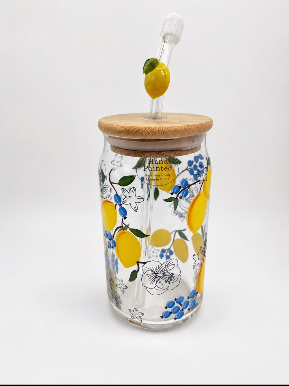 Hand Painted Lemon Glass Tumbler w/ Bamboo Lid & Glass Straw 16 Oz